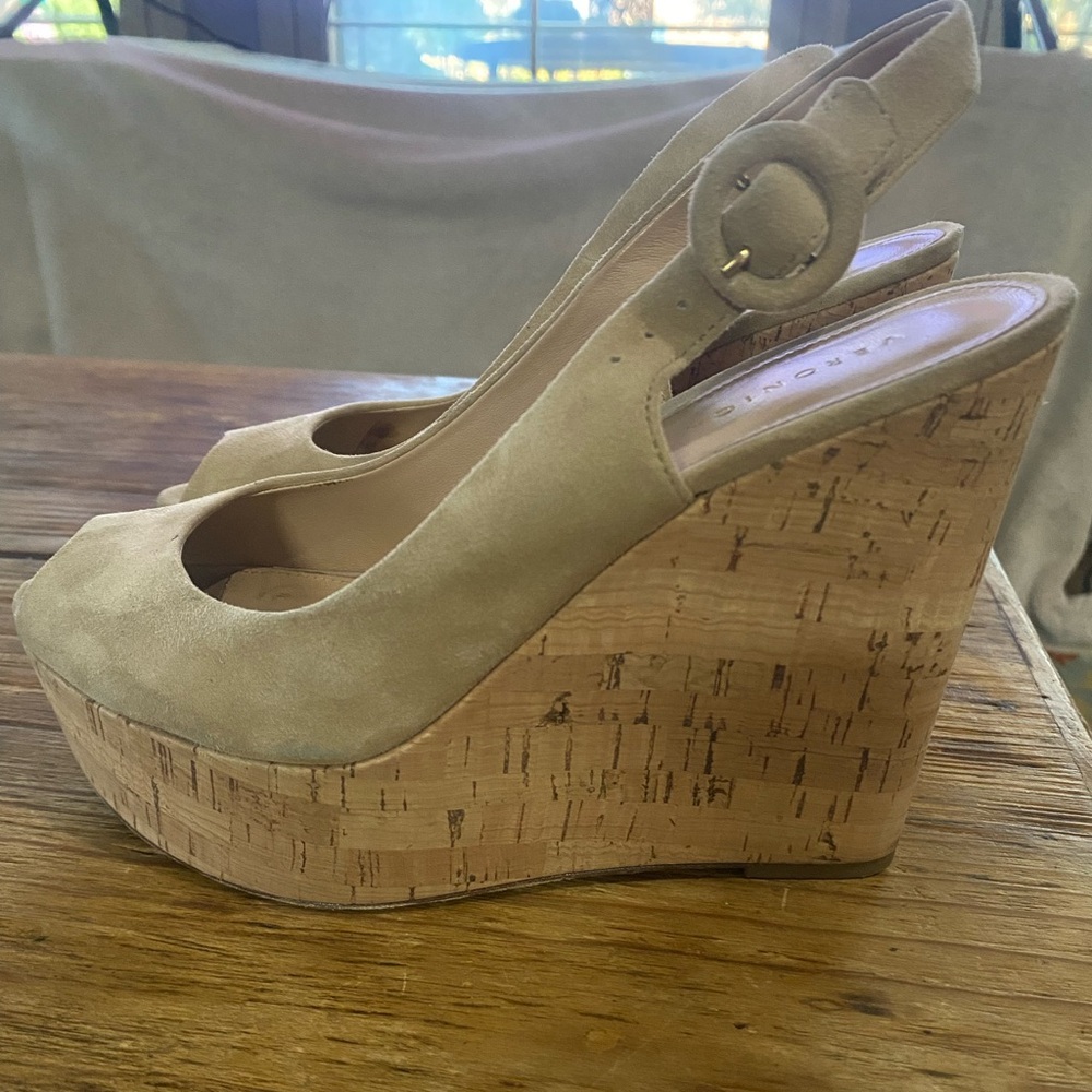 Veronica Beard Dali Peep Toe Cork Platform Wedge Sling Sandals Tan 6.5